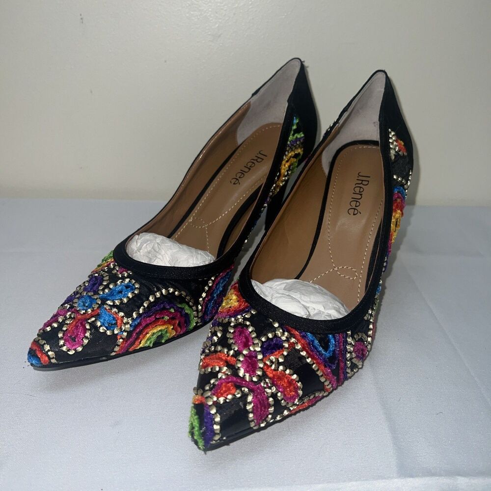 J. Renee Camellia Black And Multicolored Heels With Vibrant Embellishments 12M